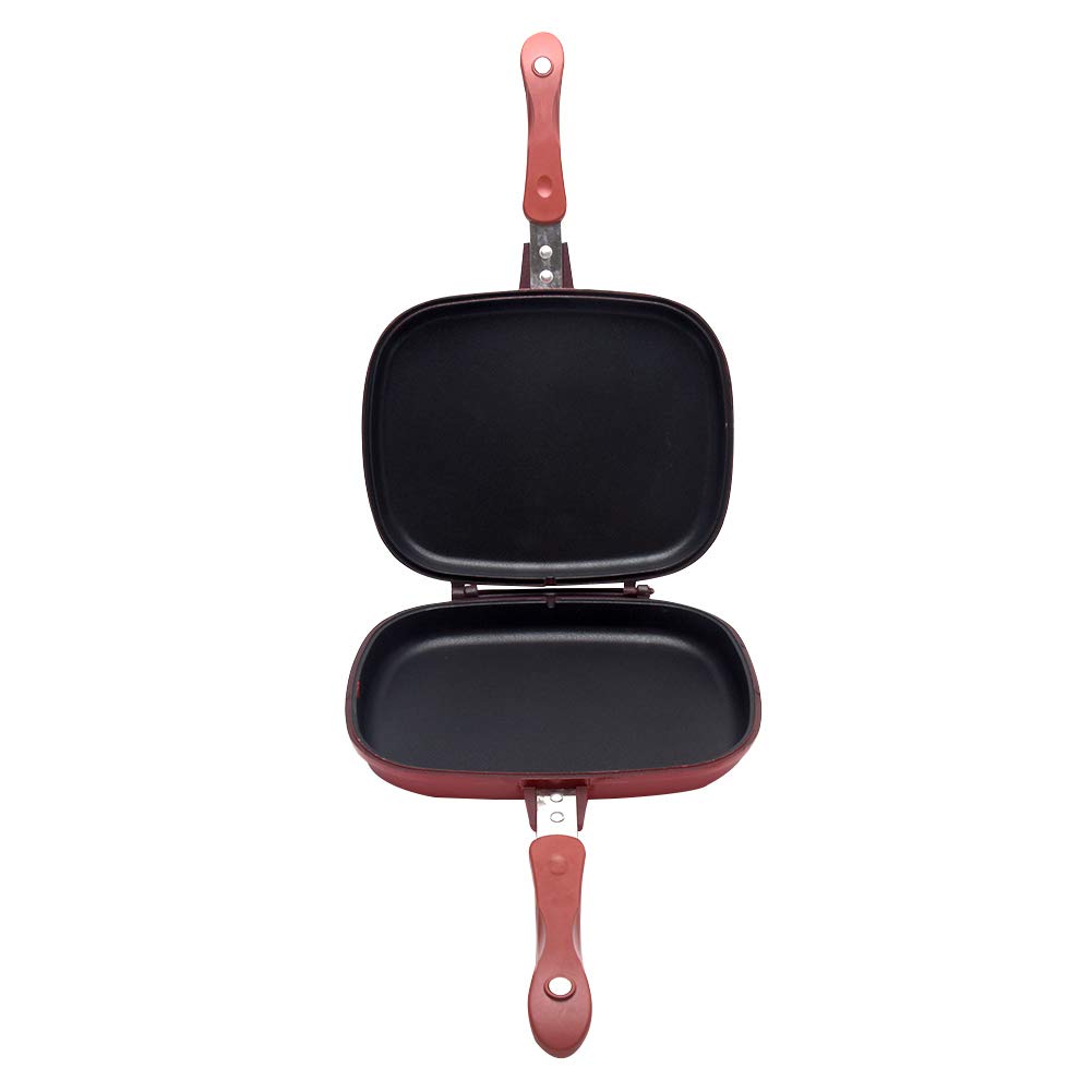 Guer Patelnia dwustronna Non-stick Patelnia tortilla z podwójną powłoką grill, ceramiczna patelnia z uchwytem magnetycznym, Czerwony, kwadratowy (32cm)