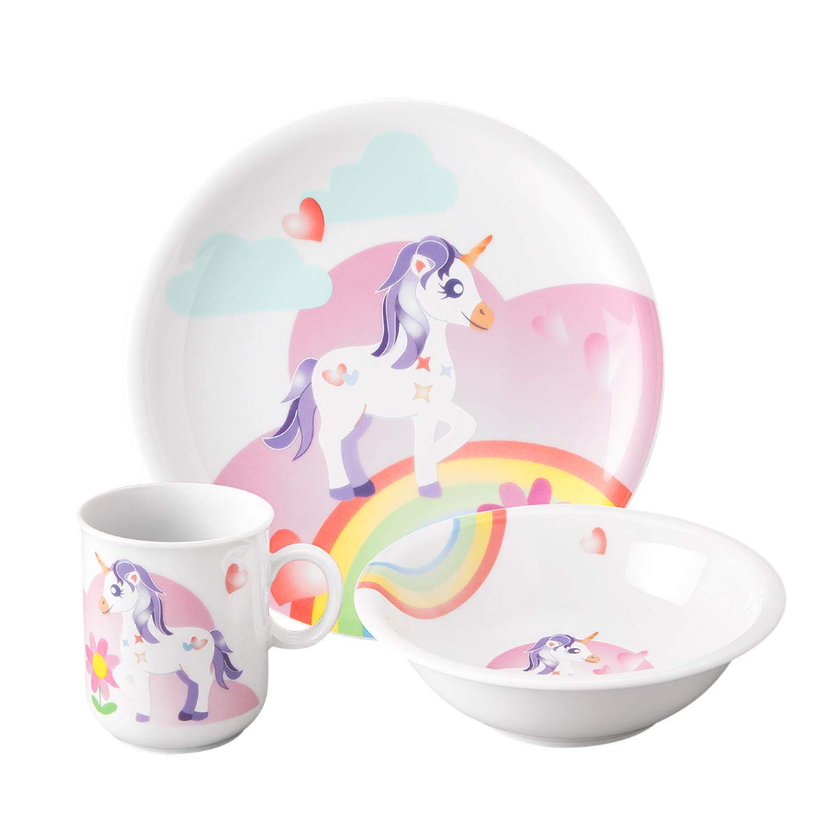 Kinderset Einhorn 7tlg. MIT Gravur (z.B. Namen) Puresigns Kinderbesteck mit Namensgravur + Seltmann Weiden Kindergeschirr