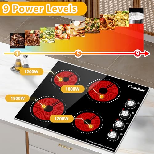 Image of 24 Inch Electric Cooktop, 4 Burner Ceramic Stove with 9 Power Levels, Knob Control, Auto shutdown and Residual Heat Warning, 6000W, 220-240V for Hard Wire