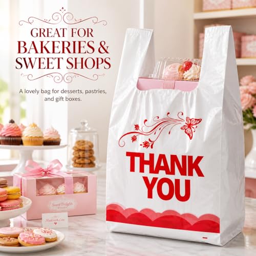 Image of YoYoRain 1000 Count White Thank You T-Shirt Bags, 11 x 6 x 21 in | Durable HDPE with handles, Thank You print, disposable carryout sacks for grocery, retail and takeout