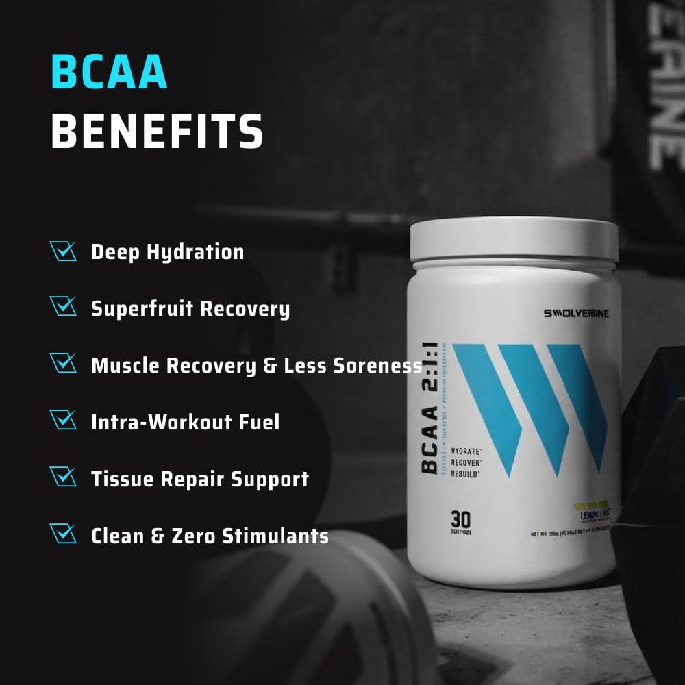 Swolverine BCAA Powder 2:1:1 with L-Glutamine & Electrolytes - Stimulant-Free Amino Acid Supplement for Muscle Recovery, Hydration & Endurance Support, 30 Servings, Lemon Lime — Amazon image 2