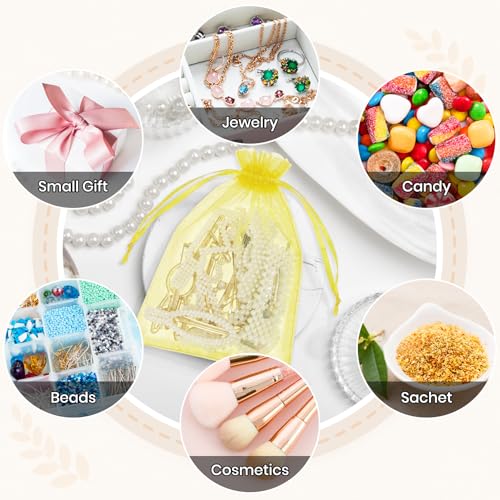 Image of ANZNKU 100 Pack Yellow Organza Bags 5x7 In, Small Mesh Gift Bags Bulk with Drawstring for Jewelry Candy Sachet Soap, Goodie Pouches for Wedding Baby Bridal Shower & Birthday Party Favors