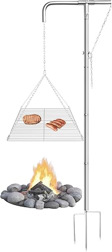Parrilla de camping de acero inoxidable Altura ajustable, 360 giratorio y plegable Equipo de cocina de fuego de campamento, resistente y portátil