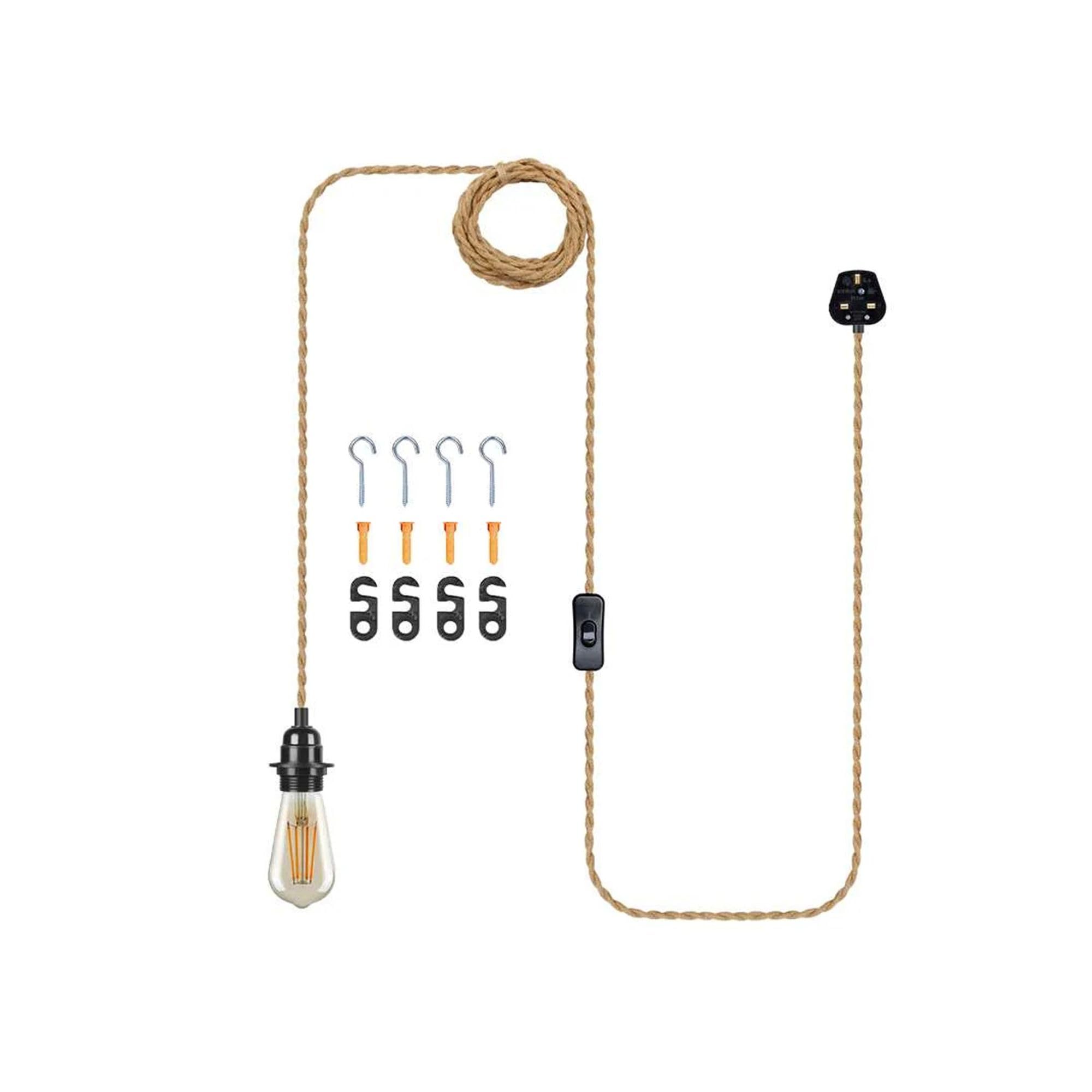 LEDSone Pendant Light Fitting with Plug-in, 4.5m 2 core lamp Cable, On-Off Switch E27 Lamp Holder Suspended Kit for Bed Room Living Room (4.5m, Hemp Rope,Without Bracket)