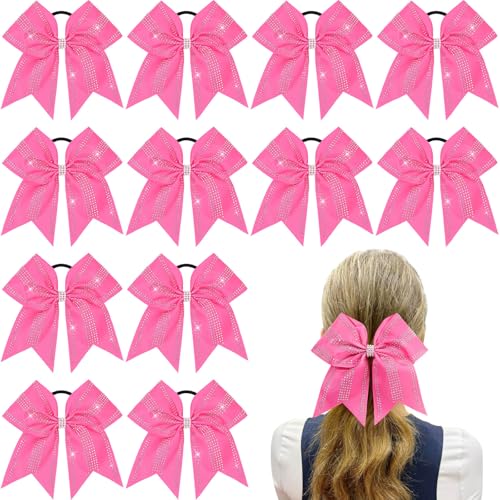 VOBOBE 12PCS Large Cheer Hair Bows for Cheerleader Pink 8 Glitter Rhinestones Grosgrain Ribbon Elastic Band Ponytail Holder Hair Tie for Cheerleading Soccer Basketball Sport Competitions (Pink)