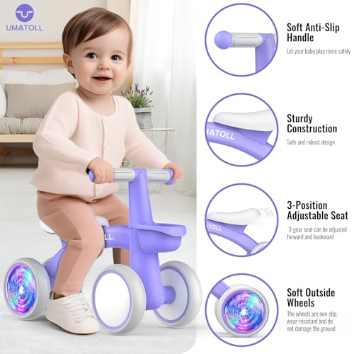 Image of Umatoll Colorful Lighting Baby Balance Bike for 1 Year Old Boys Girls, 12-24 Months Toddler Bike with Basket, Adjustable Seat, First Birthday Gift (Purple)
