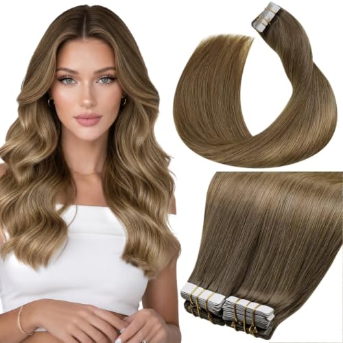 Image of LaaVoo Tape in Hair Extensions Balayage 100g Hair Extensions Tape in Brown Human Hair Tape in Extensions Light Brown to Light Golden Blonde Hair 16inch 40pcs