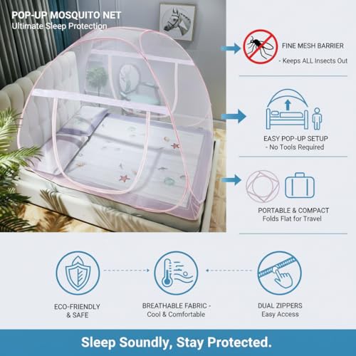 Image of Rainspire Foldable Mosquito Net for Double Bed King Size - Breathable Fine Mesh, with Handle, Heavy Duty Portable Collapsible Mosquito Protection Net for Bedroom Indoor Use - Pink