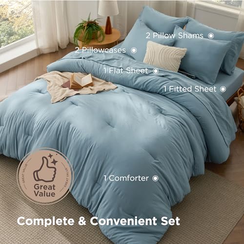 Image of Bedsure Dusty Blue Full Bed Comforter Sets, Soft Prewashed Bedding for All Seasons, 7 Pieces Alternative Bed Set, Breathable Bed in a Bag with Comforters, Sheets, Pillowcases & Shams