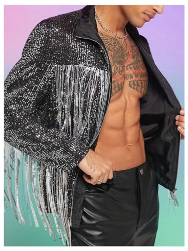 Men's Fringe Trim Jackets Zip Up Long Sleeve Sequin Regular Fit Spring Fall Coats4