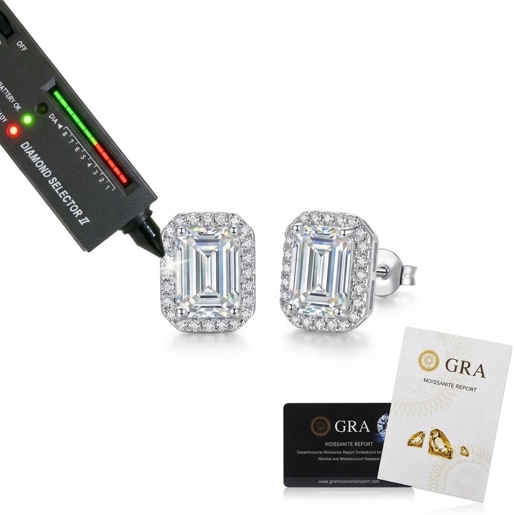 1 Carat Emerald Cut Moissanite Halo Stud Earrings (Stone: 6.6×7.7mm, Set: 9.6×7.7mm) For Women, D Color VVS1, 925 Sterling Silver, With GRA Certificate