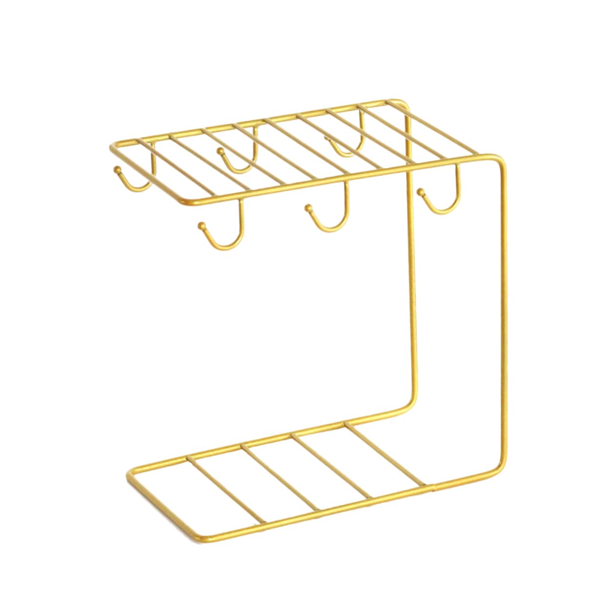 LIFKOME Ceramic Cup Organizer European Style Wrought Cup Rack with Hooks Storage Basket Elegant Golden Plating for Kitchen Desktop Use C Type Design