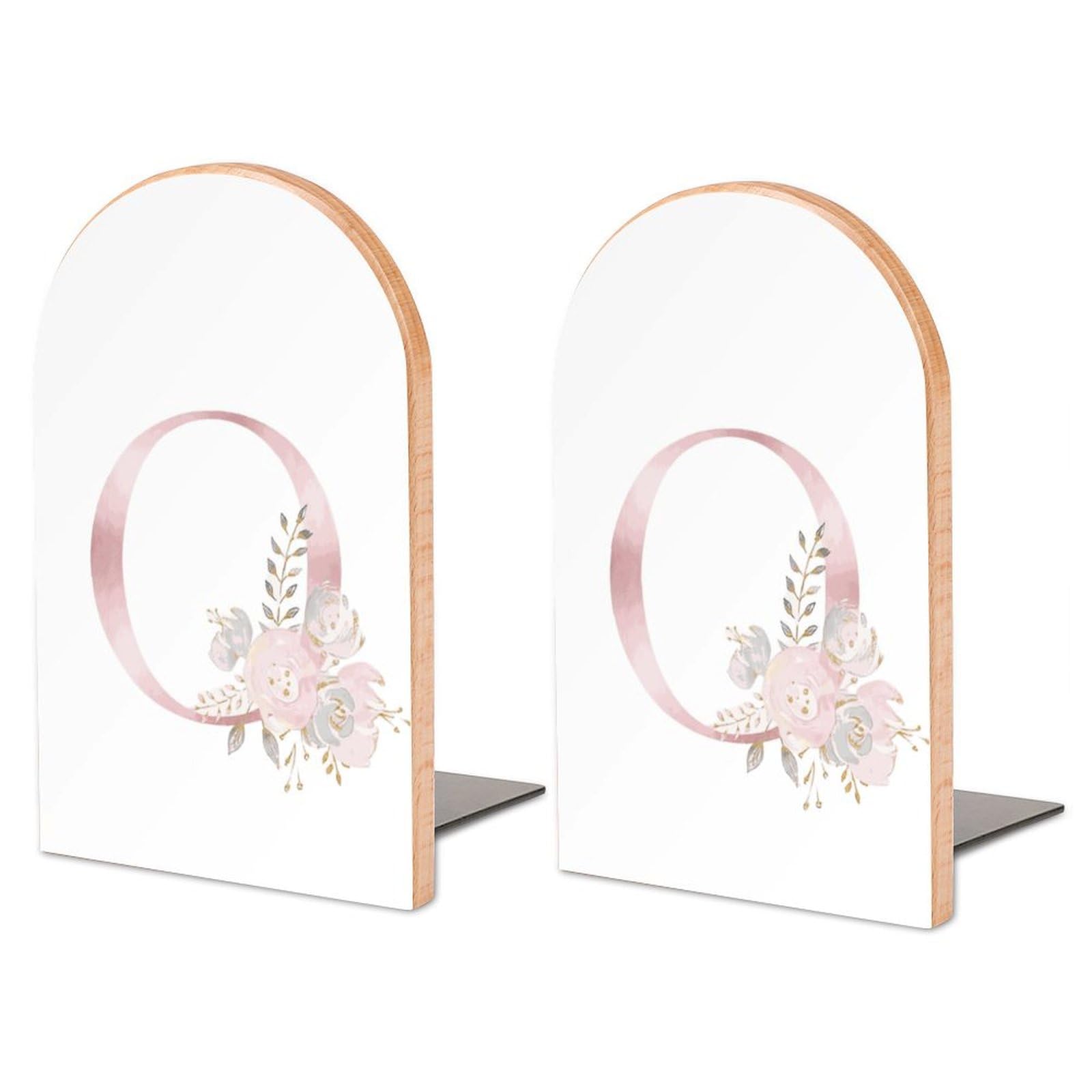 Flower Letter O Book Ends Heavy Duty Wooden Bookend Supports for Shelves to Hold Books Decorative Non-Skid Sturdy Book Stoppers for Office Home Kitchen Library