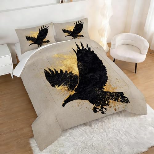 Image of Wildlife Eagle Comforter Set Queen Size Black and Gold Wild Animal Bedding Sets for Kids Teens Boys Men Adults Bedroom Abstract Art Quilt 1 Comforter 2 Pillowcases