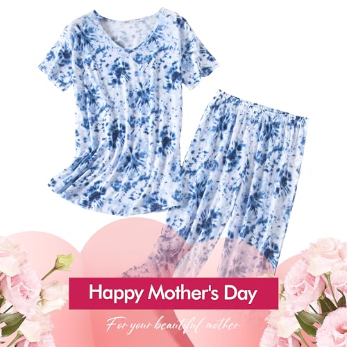 Inadays Womens Cotton Pajama Sets Short Sleeve Top With Capri Pants 2 piece sets for Women Summer Pajamas Lounge Set2