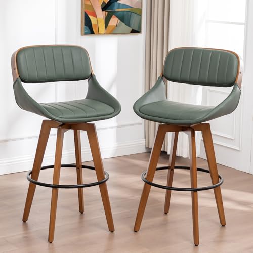 Set de 2 butacos de altura de barra - Butacos giratorios de estilo mid century de 29,5 pulgadas con asiento tapizado en cuero sintético, estructura de nogal y patas de bambú, para cocina/isla/bar/café (verde nogal) miniatura 1