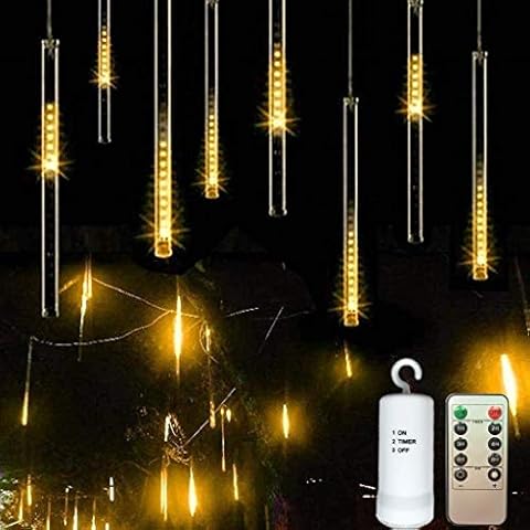 8 Tubes Battery Meteor Shower Lights - Warm White Waterproof Dimmable Rain Drop 144 LED Fairy Starry String Light with Timer Remote, Indoor Outdoor for Christmas Tree Holiday Patio Garden Decor Cover
