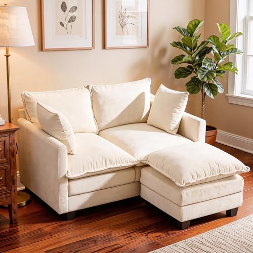 Image of Loveseat Sofa with Ottoman, Cloud 3-Layer Cushion & 27 inch Deep Seat Modern Small Couch with 2 Washable Pillows for Small Spaces, Bedroom, Apartment, Office, Living Room, in a Box, 50-Inch Beige