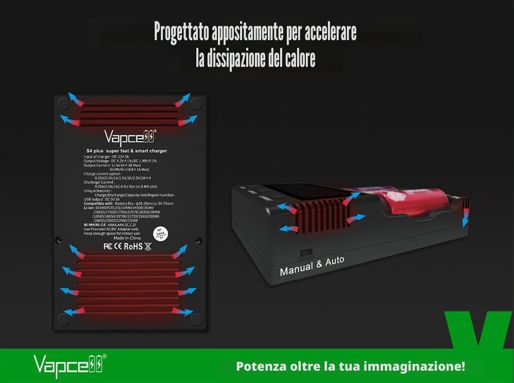 Caricabatterie universale intelligente per batterie, 4 slot di ricarica indipendente con display LCD con funzione di scarica, ricarica e test di capacità