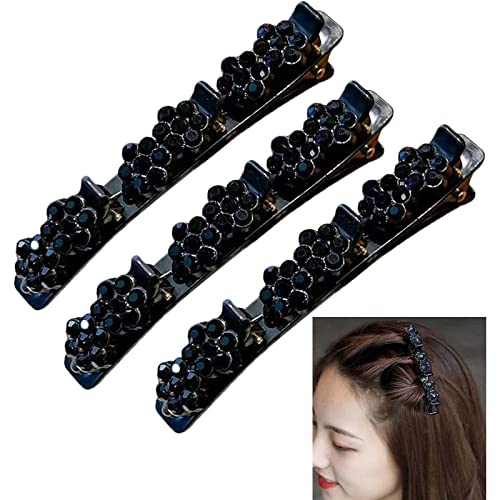 3PCS Sparkling Crystal Stone Braided Hair Clips,Rhinestone Double Layer Band