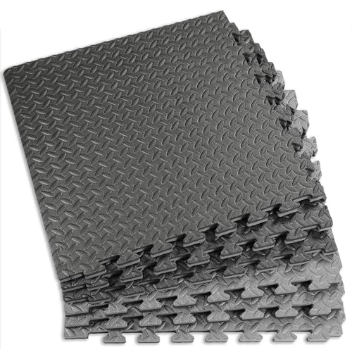 Xspec 1" Extra Thick 48 sq ft Reversible EVA Gym Foam Floor Mat Tiles (24" x 24"), Steel Pattern, 12 pcs, Black & Grey