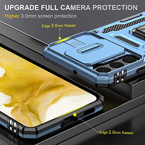 Image of Slide Camera Cover with Ring Holder Mobile Phone Case Cover for Samsung Galaxy S22 Plus / S22+ (Blue)