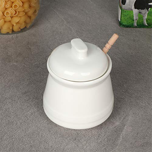 LEETOYI Porcelain Honey Jar with Lid and Honey Stick,Ceramic Honey pot,12oz (White)