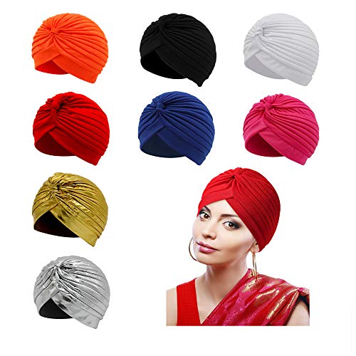 Pack 8 Plisado Cabeza Turbante Gorra Sombrero India Capucha de Turbante de Sol Árabe Festival Vintage Color Liso Unisex (Pack 8 Colores, Talla única)