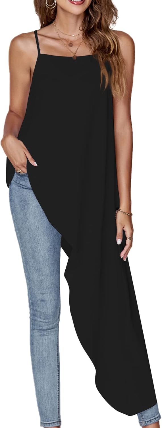 Umenlele Women's Square Neck Spaghetti Strap Sleeveless High Low Loose Fit Cami Top
