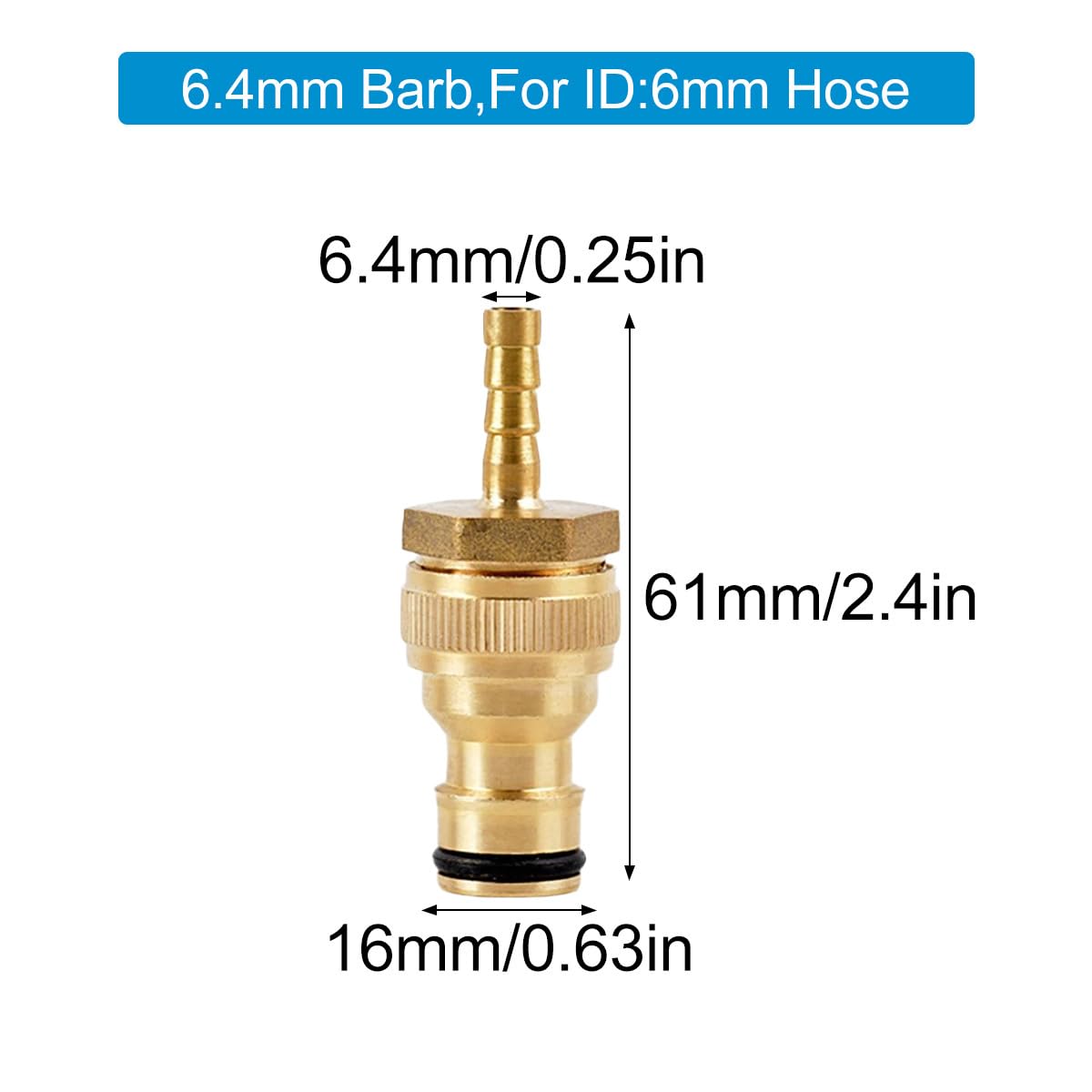 Conectores rápidos y robustos de latón Macho, 6.4x16x61mm Barb Adaptador de Manguera para riego de Jardines, A