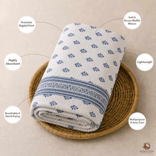 Image of Pure Cotton Printed Waffle Towel | Lightweight | Antimicrobial and Water Absorbent | Soft Touch Quick-Drying Bath Towels (Indigo Buti, Pack of 1)