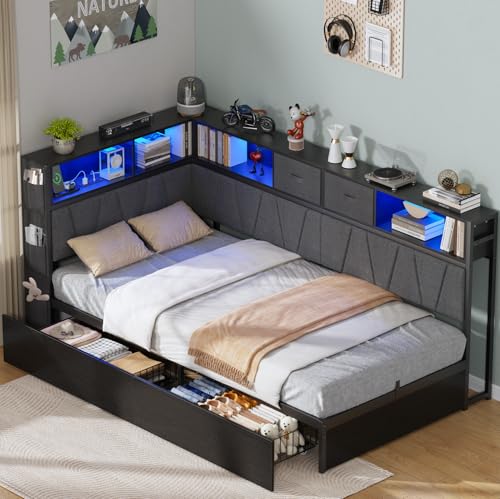 Twin XL Corner Bed Frame with Storage Bookcase, Kids Bed Unit with Charging Station and LED Light, Twin XL Size Platform Beds with Storage and Charging Station, with 2 Underneath Drawers, Black