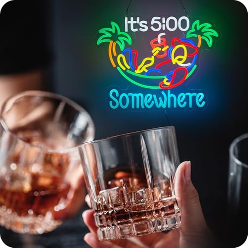 Image of Its 5 00 O'clock Somewhere Neon Sign Parrot Palm Tree Hammock It's Five Oclock Some Where Bar Beer LED Light Man Cave USB Powered Dimmable LED Sign (Green)