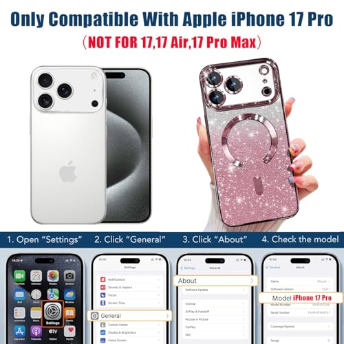 Image of Misscase for iPhone 17 Pro Case Compatible with MagSafe,Built-in Camera Lens Protector Full Protection Soft TPU Anti-Scratch Anti-Fingerprint Magnetic Glitter Slim Case Cover 6.3 inch Pink