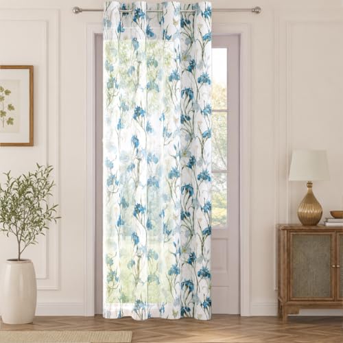 Image of HOKIPO Iris Sheer Curtain 7 Feet Long 1 Panel, Floral Print, Blue