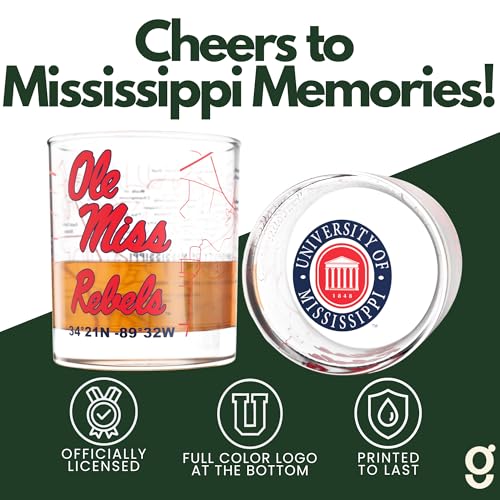 Image of Greenline Goods University of Mississippi Rebels Whiskey Glasses Set of 2, 10 oz Rocks Glasses with Full-Color Logo & Campus Map - Officially Licensed Bourbon Glass Gift for Alumni & Fans