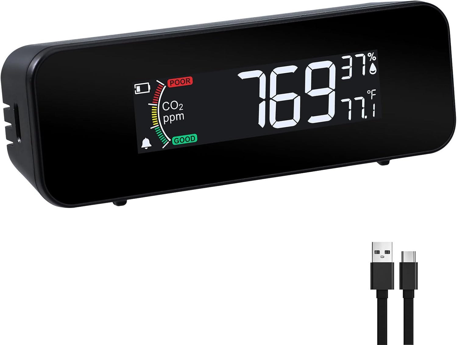 CO2 Monitor Portable CO2 Meter, 0~5000ppm Carbon Dioxide Detector Measure CO2, Temp, Humidity, Air Quality CO2 Monitor with Indicator & Buzzer Alarm, Rechargeable CO2 Detector for Travel, Home, Hotel