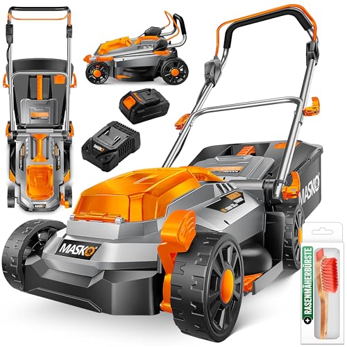 MASKO® Cortacésped con función de mantillo, Incluye Batería de Ion de Litio de 4 Ah y Cargador Doble, Ancho de Corte de 33 cm, 5 Posiciones de 25 a 75 mm, Altura Regulable, 30L hasta 150m²