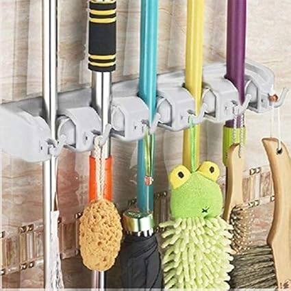 Vruta Plastic 5 Slot Wall Mounted Broom/Mop Holder with Hooks (Multicolour, Medium)