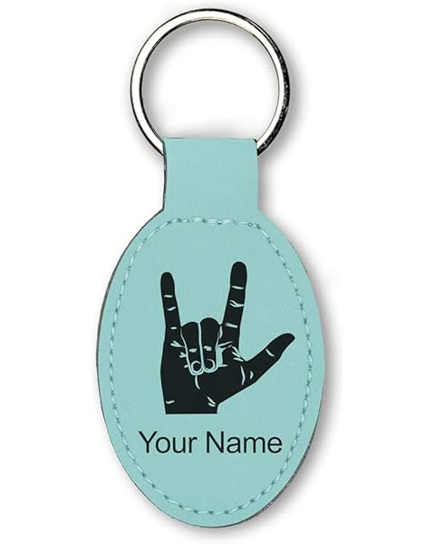 LaserGram Oval Keychain, Sign Language I Love You, Personalized Engraving Included (Teal)