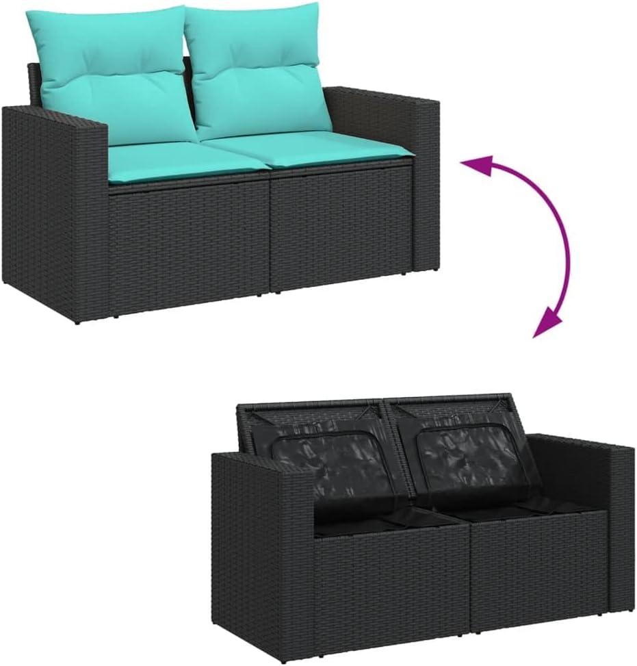 Garden Sofa Black Poly Rattan 2-Seater, Adjustable Feet, Powder-Coated Steel Frame, Outdoor Lounge Seating for Patio, Balcony Patio Chair