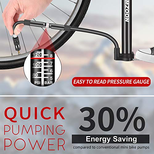AMZOON Bike Pump Mini Bicycle Pump with Pressure Gauge Cycle Pump with 250mm Extra Long Hose Bike Accessories Fits… - Image 3