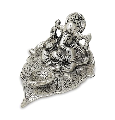 Image of BENGALEN Ganesh Statue Idol German Silver Ganesha on Leaf Diya Oil Lamp with Red Velvet Gift Box Pooja Items Diwali Decoration Puja Gifts Handmade Oil Lamp Traditional Indian Deepawali Gift Items