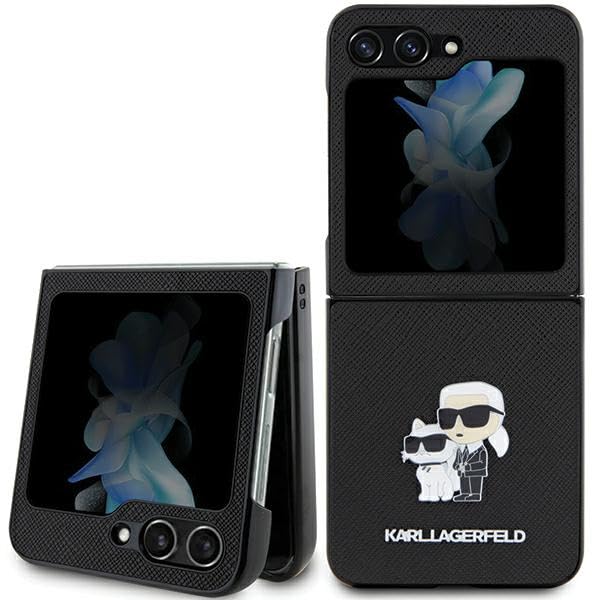 KARL LAGERFELD KLHCZF5SAKCNPK Coque Samsung pour Z Flip 5 F731 Coque Rigide Noir Saffiano Karl&Choupette Pin