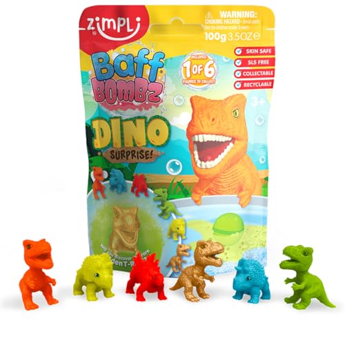 Bomba de Baño Sorpresa Dinosaurio Grande de Zimpli Kids, 6 Juguetes Sorpresa de Dinosaurio para coleccionar, Juguete Efervescente para Niños, Regalo para Rellenar el Calcetín