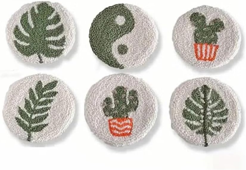 Punch Needle Coaster Kit 6 Patterns Leaf Tufted Rug Pads, DIY Needle Punch Coaster Kit for Adults Beginners with Adhesive Felt Yarns Embroidery Hoop Tools Instruction