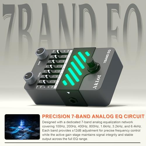 Image of AKLOT 7-Band Equalizer Guitar Pedal: Precise Frequency Shaping, (100Hz 200Hz 400Hz 800Hz 1.6kHz 3.2kHz), Compact Mini Electric EQ Guitar Pedal with True Bypass, NEON Spectrum