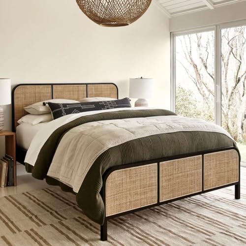 Image of Perk Rattan King Size Bed for Bedroom | Non Storage Cot for Hotel Room | Mango Wood, Black Matt Finish | Mattress Size - 72 x 78 in | Assembly- DIY