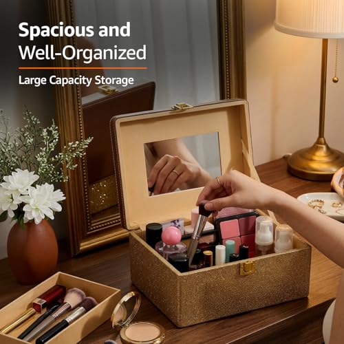 Image of Amazon Basics Bridal Vanity Box - Large Capacity Cosmetic Organizer for Women, Faux Leather & MDF Beauty Case for Makeup, Brushes, and Skincare - Stylish Travel & Home Storage, Golden
