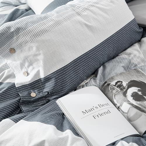 Image of mixinni Geometric Striped Duvet Cover Set - 100% Natural Cotton, Grey & White Stripes, King Size, 3-Piece Bedding Set with Zipper Closure